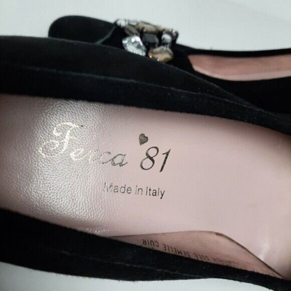 FERCA 81 Italy Jeweled Gem Suede Wedges Heels Black Shoes Sz 8.5 / Eur 39 - Picture 13 of 16
